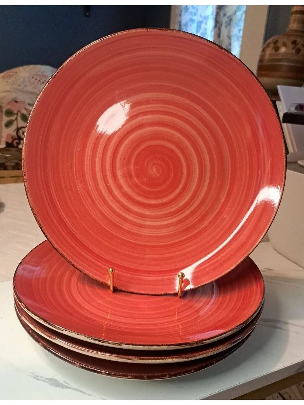 Royal Norfolk Set of 4 Red Swirl Stoneware Dinner Plates NWT 10.5
